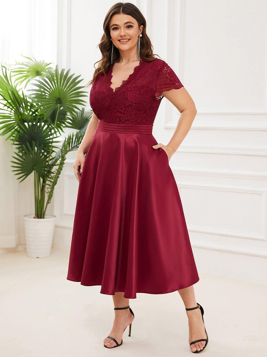 pretty HARLEY|Plus Size Lace Cap Sleeve V neck Midi Formal Dress