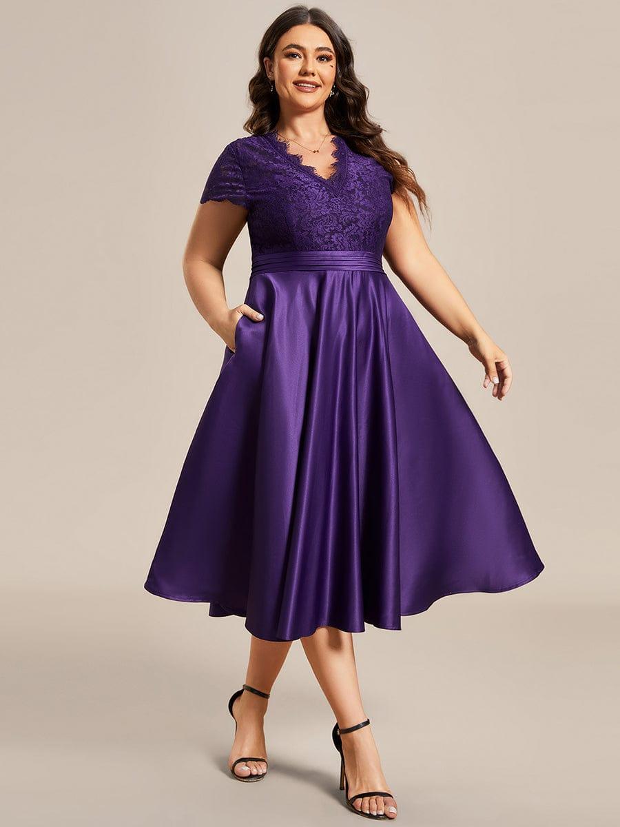 pretty HARLEY|Plus Size Lace Cap Sleeve V neck Midi Formal Dress
