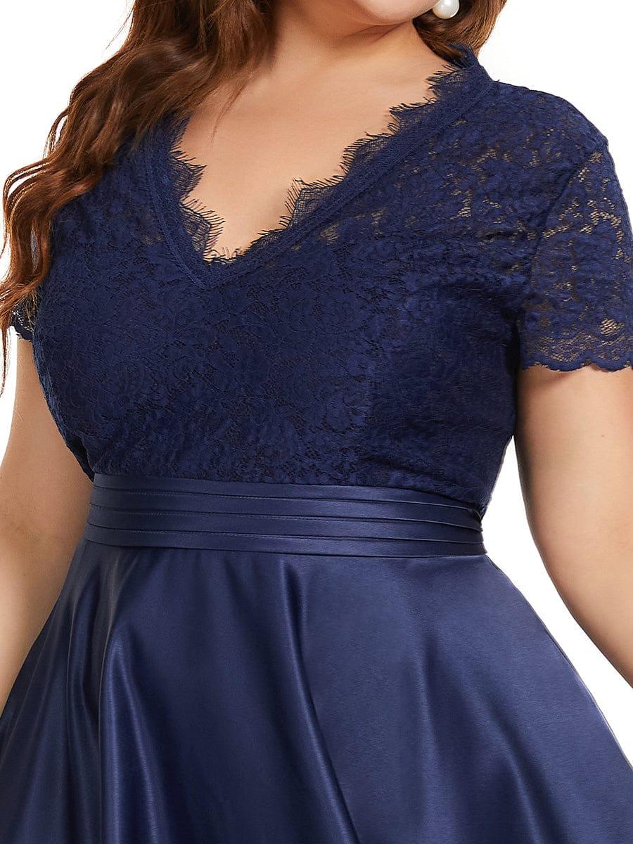 pretty HARLEY|Plus Size Lace Cap Sleeve V neck Midi Formal Dress