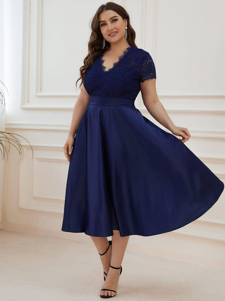 pretty HARLEY|Plus Size Lace Cap Sleeve V neck Midi Formal Dress