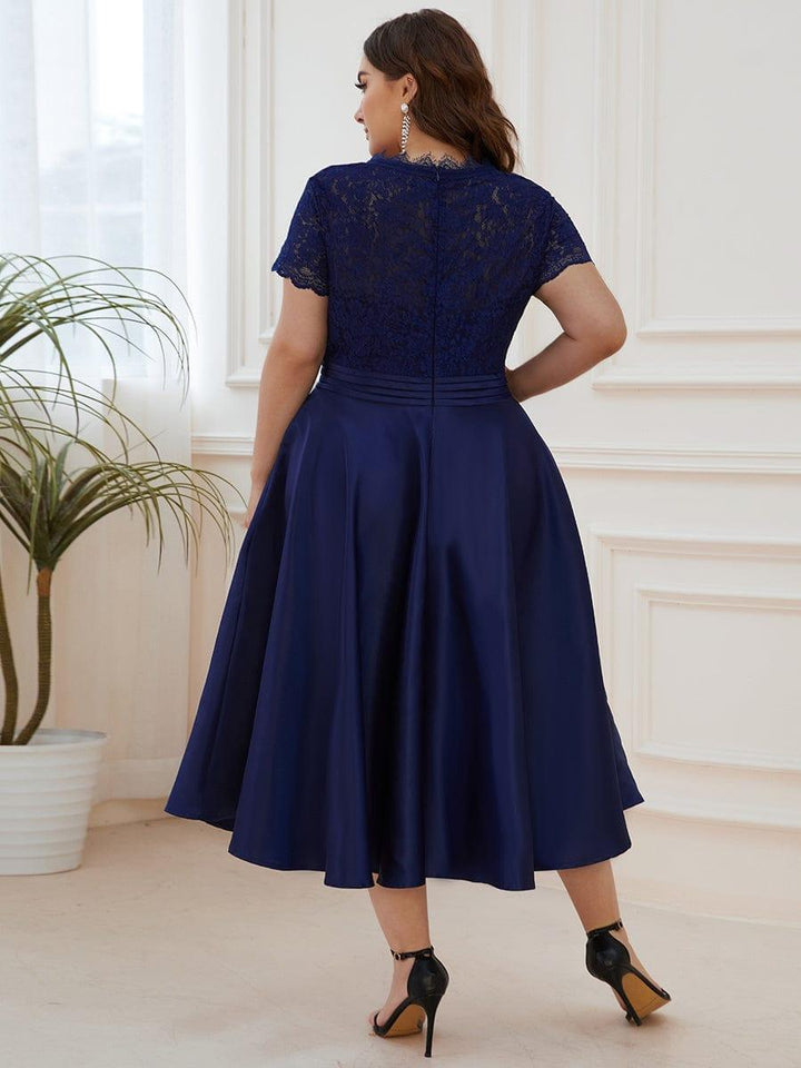 pretty HARLEY|Plus Size Lace Cap Sleeve V neck Midi Formal Dress