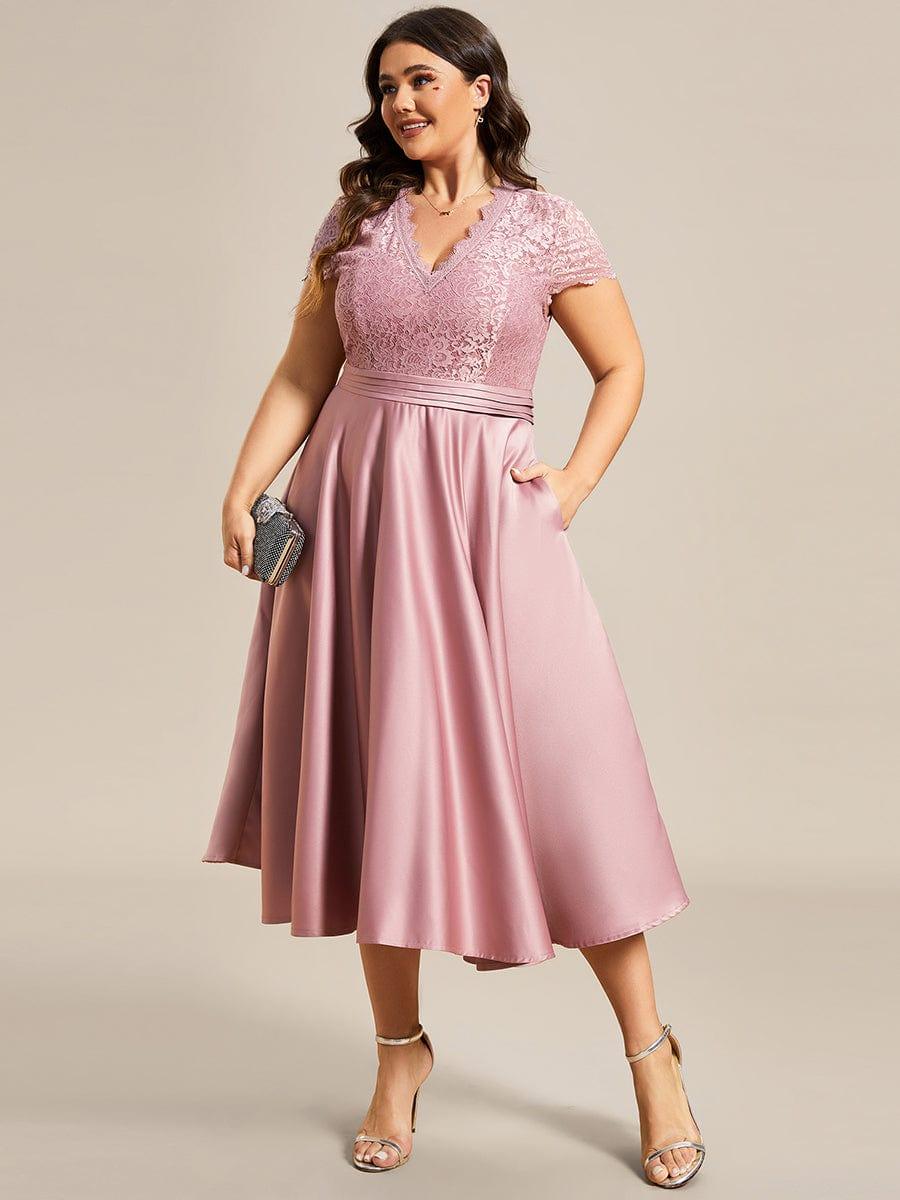 pretty HARLEY|Plus Size Lace Cap Sleeve V neck Midi Formal Dress