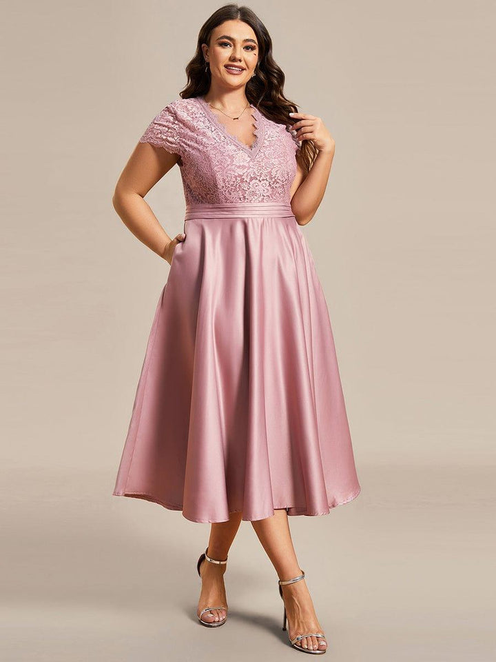 pretty HARLEY|Plus Size Lace Cap Sleeve V neck Midi Formal Dress