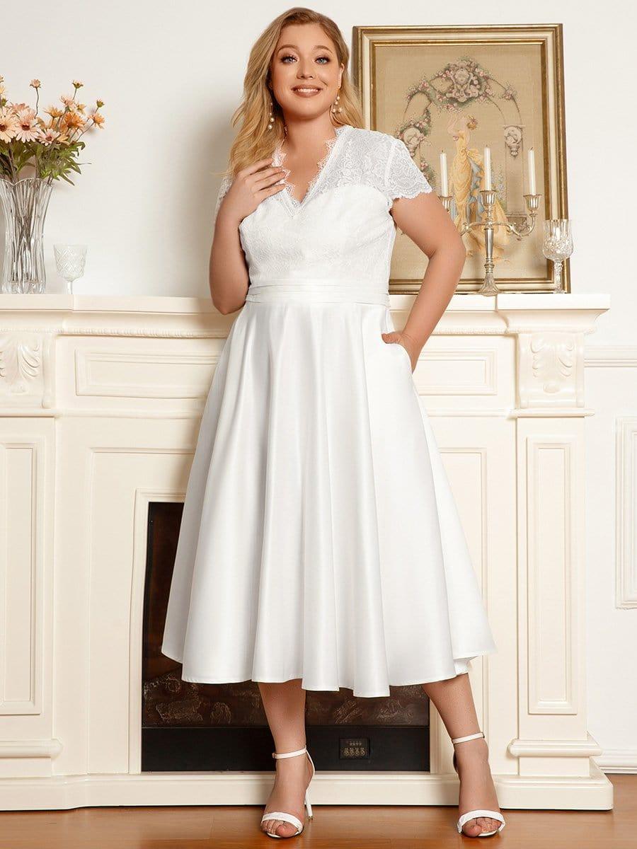 pretty HARLEY|Plus Size Lace Cap Sleeve V neck Midi Formal Dress