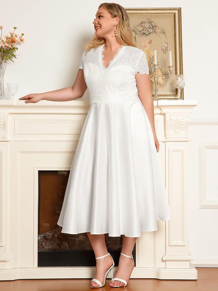 pretty HARLEY|Plus Size Lace Cap Sleeve V neck Midi Formal Dress