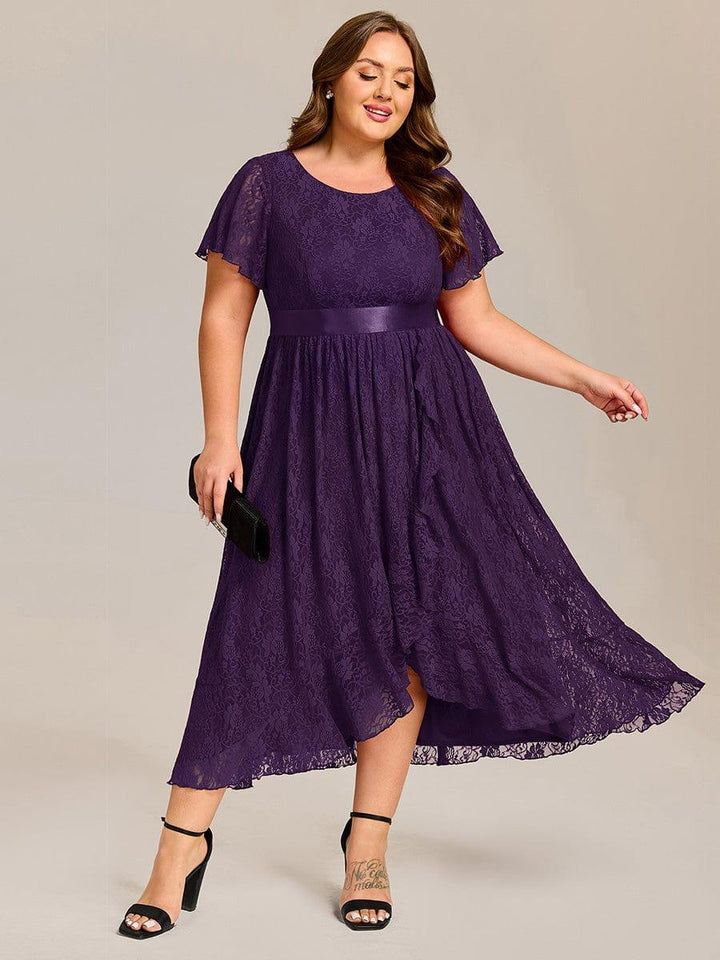 pretty SEVYN|Plus Size Short Sleeve Ruffled Lace Midi Weeding Guest Dress