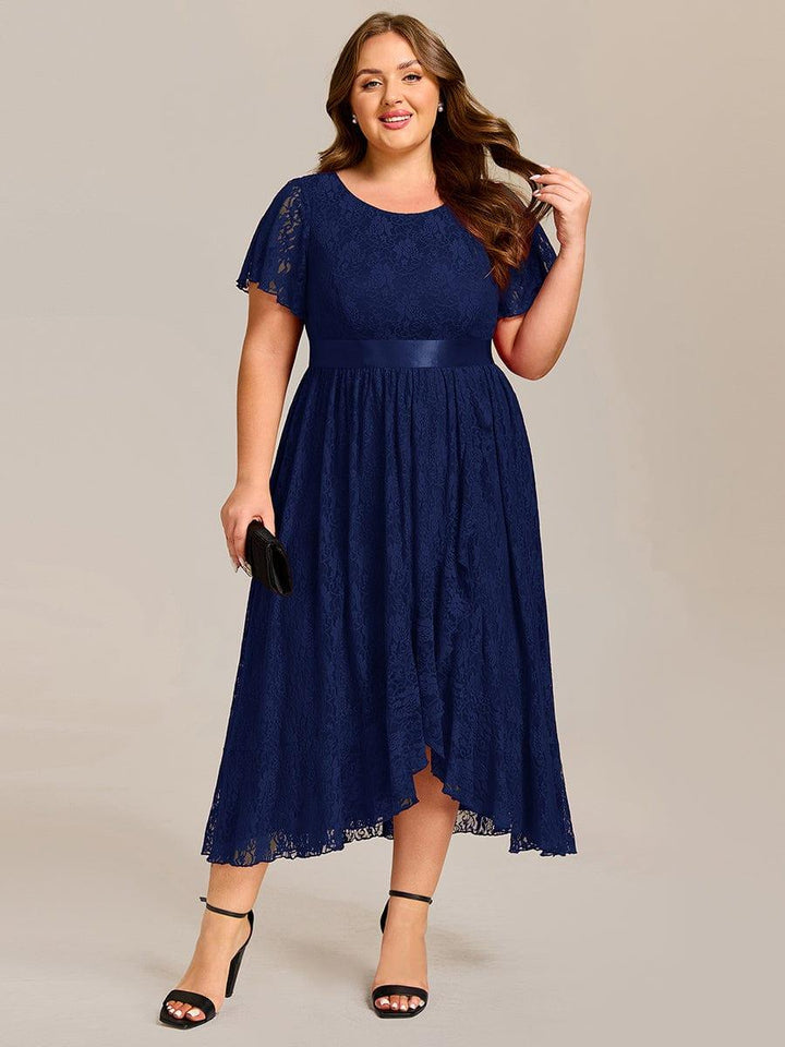 pretty SEVYN|Plus Size Short Sleeve Ruffled Lace Midi Weeding Guest Dress