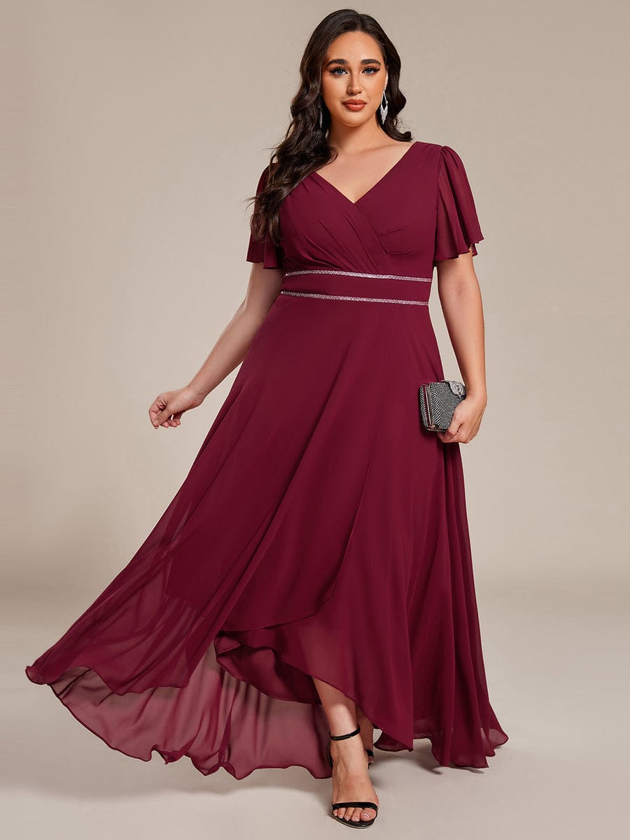 ever DAKOTA|Plus Size Chiffon Ruffle Sleeves Rhinestone Waist High-Low Wedding Guest Dress
