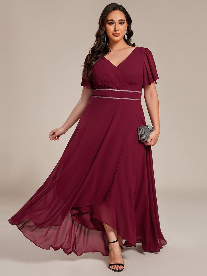 ever DAKOTA|Plus Size Chiffon Ruffle Sleeves Rhinestone Waist High-Low Wedding Guest Dress