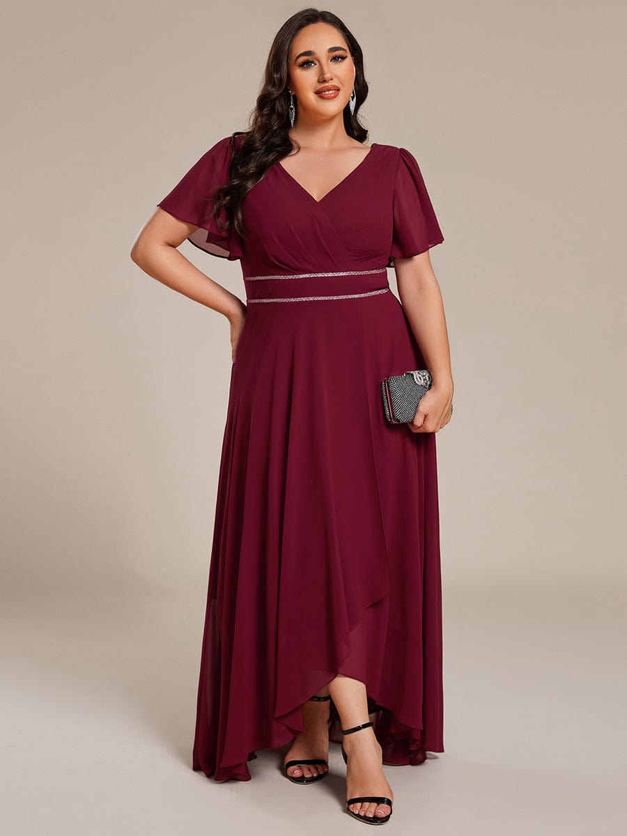 ever DAKOTA|Plus Size Chiffon Ruffle Sleeves Rhinestone Waist High-Low Wedding Guest Dress