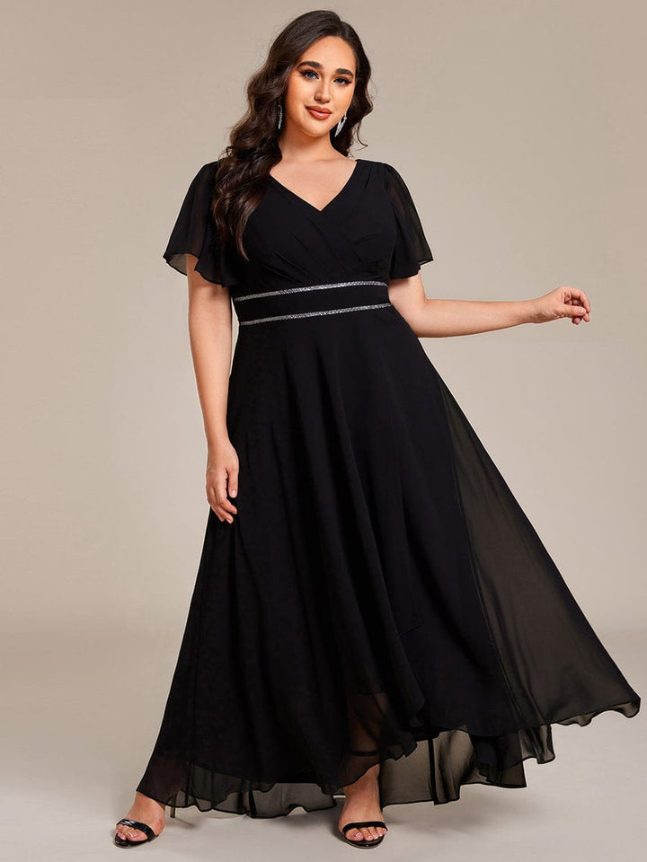 ever DAKOTA|Plus Size Chiffon Ruffle Sleeves Rhinestone Waist High-Low Wedding Guest Dress
