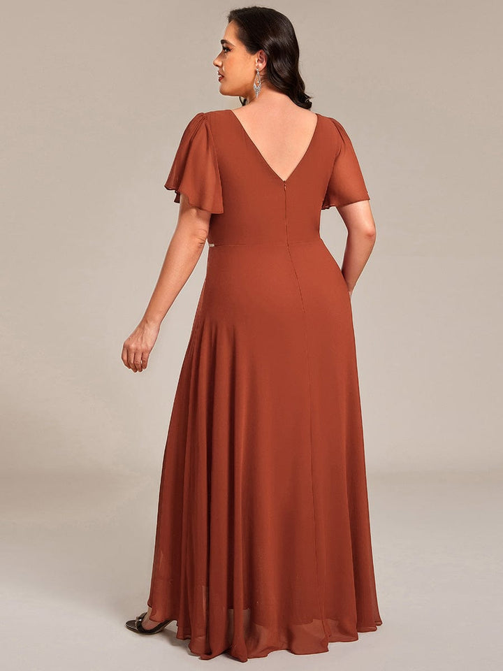 ever DAKOTA|Plus Size Chiffon Ruffle Sleeves Rhinestone Waist High-Low Wedding Guest Dress