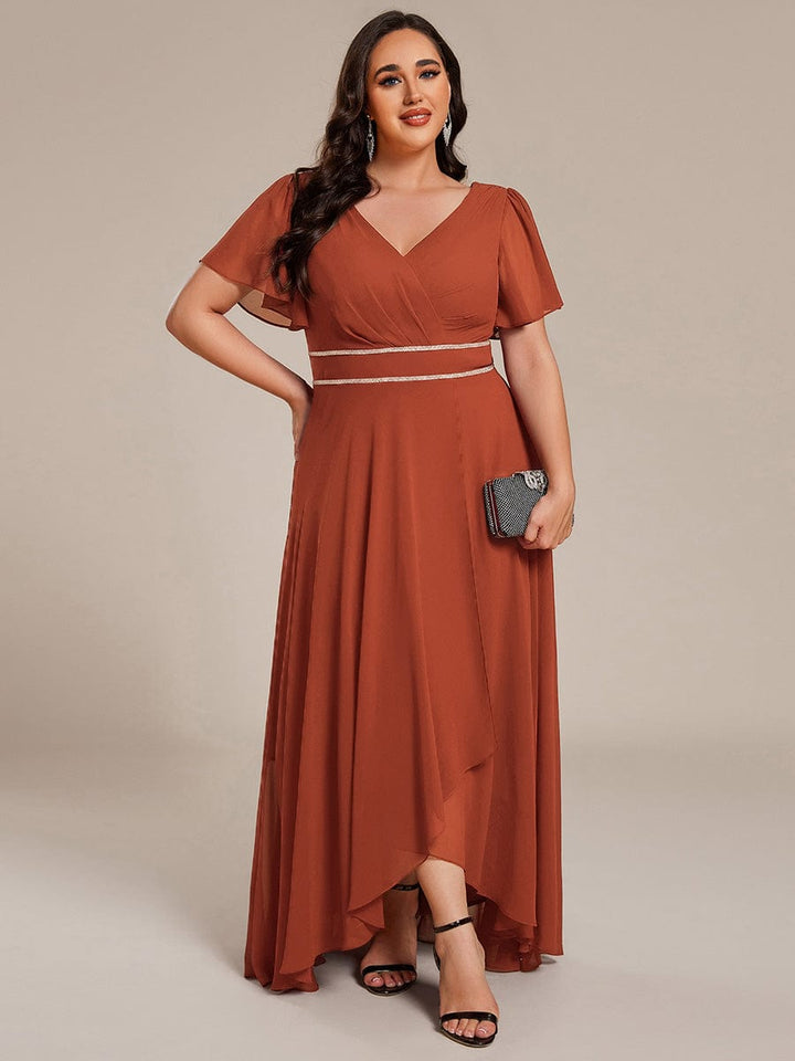 ever DAKOTA|Plus Size Chiffon Ruffle Sleeves Rhinestone Waist High-Low Wedding Guest Dress