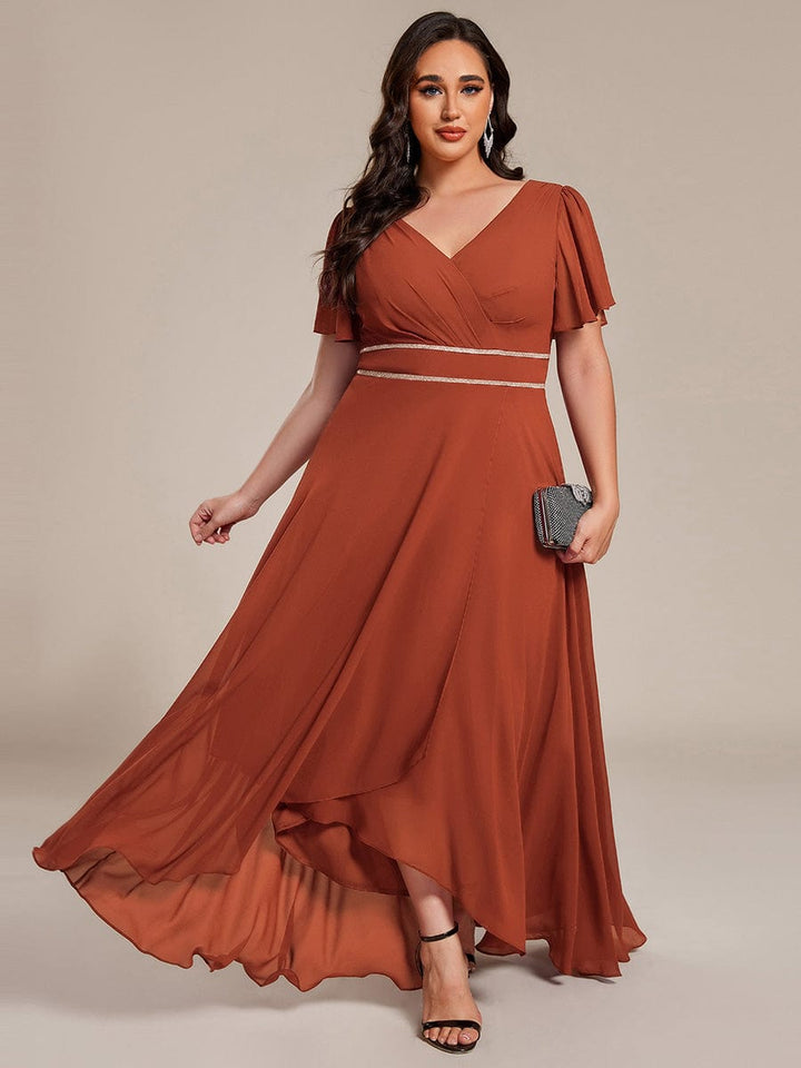 ever DAKOTA|Plus Size Chiffon Ruffle Sleeves Rhinestone Waist High-Low Wedding Guest Dress
