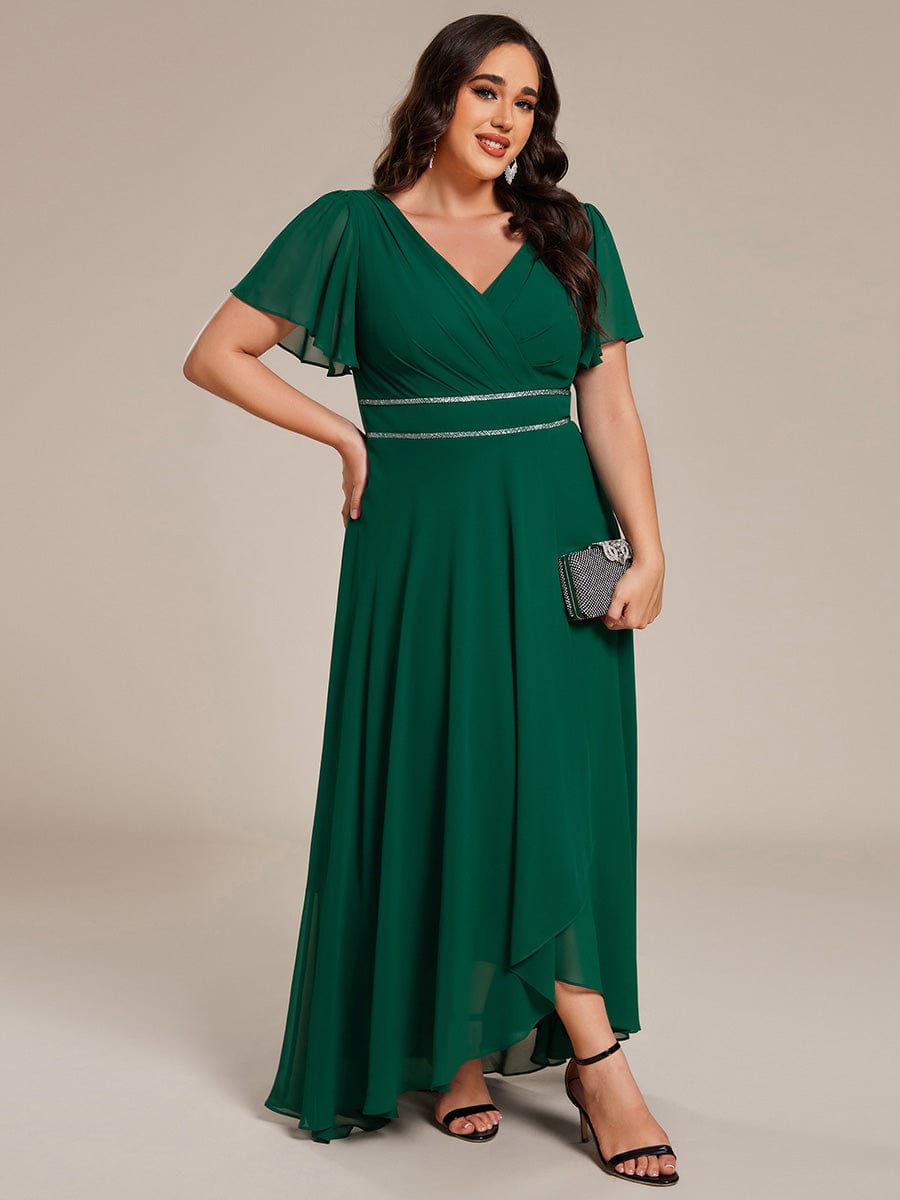 ever DAKOTA|Plus Size Chiffon Ruffle Sleeves Rhinestone Waist High-Low Wedding Guest Dress