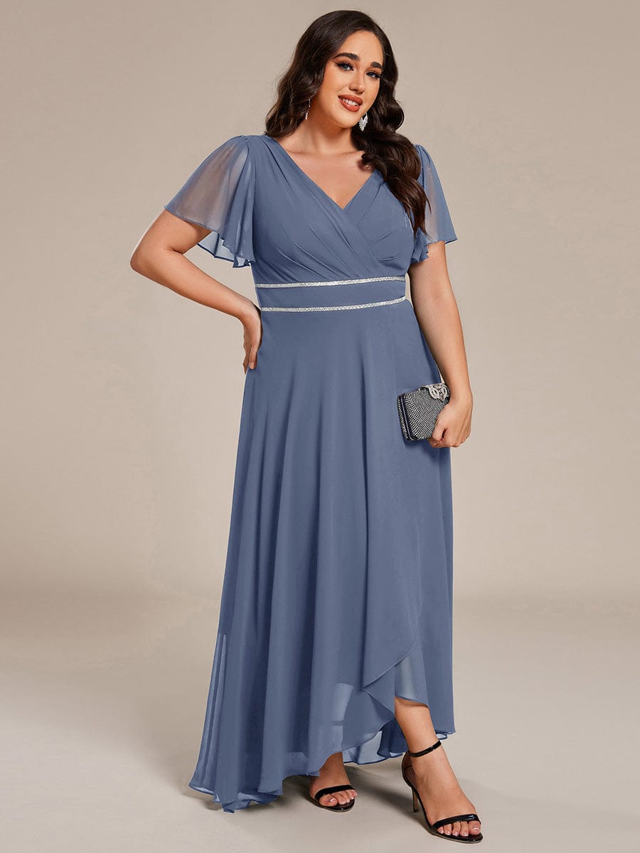ever DAKOTA|Plus Size Chiffon Ruffle Sleeves Rhinestone Waist High-Low Wedding Guest Dress