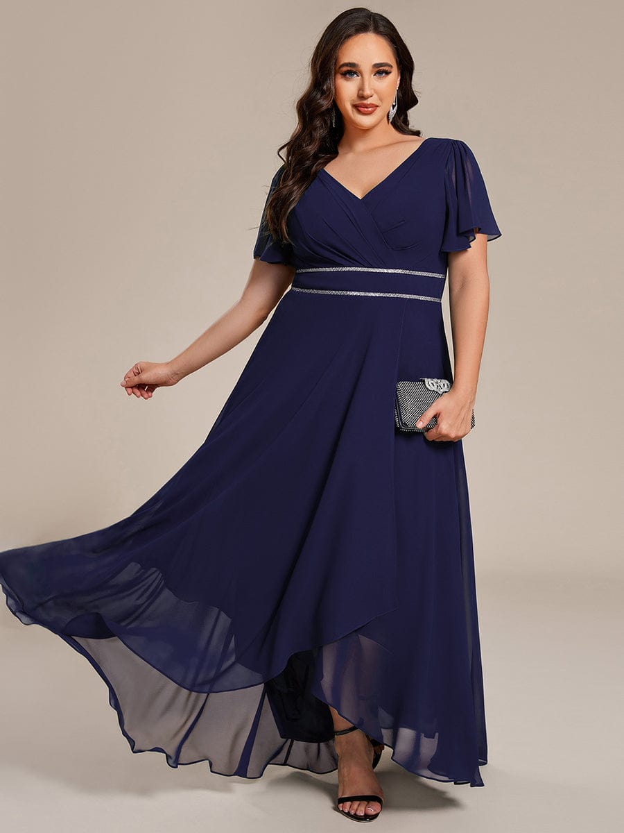 ever DAKOTA|Plus Size Chiffon Ruffle Sleeves Rhinestone Waist High-Low Wedding Guest Dress
