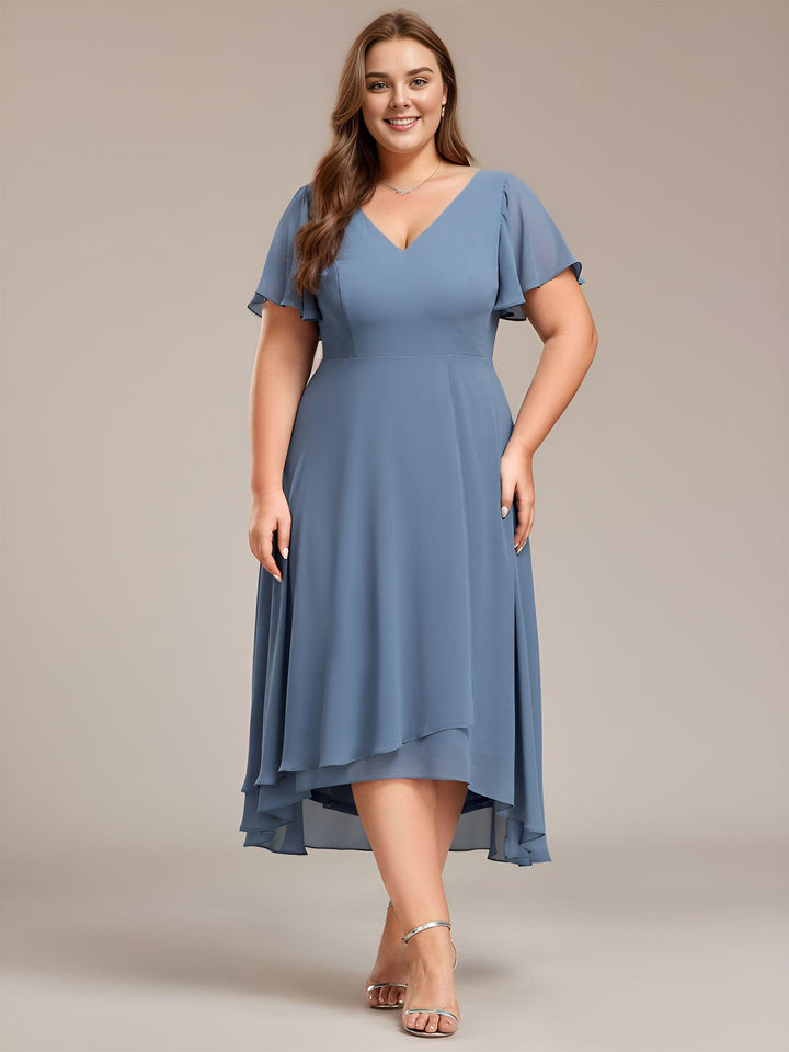pretty AALIA|Plus Size High Low Chiffon Wedding Guest Dress with V-Neck and Ruffle Sleeves