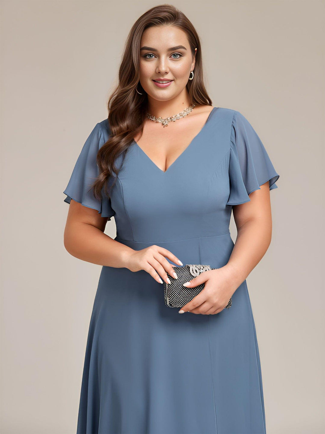pretty AALIA|Plus Size High Low Chiffon Wedding Guest Dress with V-Neck and Ruffle Sleeves