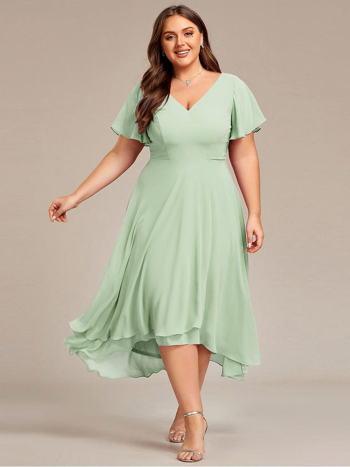 pretty AALIA|Plus Size High Low Chiffon Wedding Guest Dress with V-Neck and Ruffle Sleeves