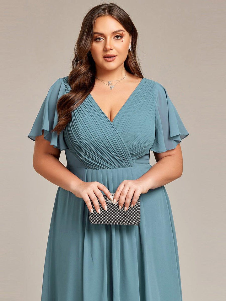 pretty FAYE|Plus Size V-Neck High-Low Chiffon Wedding Guest Dress