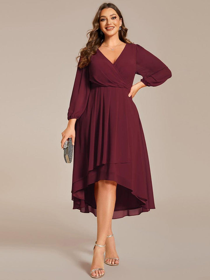 pretty BRIAR|Plus Size 3/4 Sleeve V-Neck Chiffon High Low Wedding Guest Dress