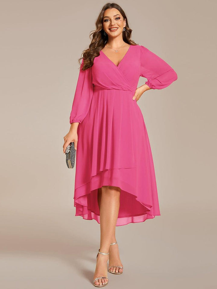 pretty IRYS|Plus Size Sleeveless Chiffon High-Low Wedding Guest Dress with Waist Applique