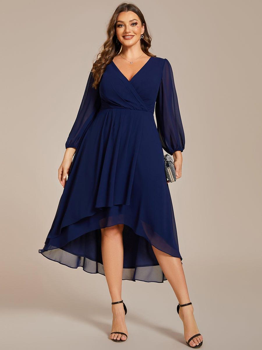pretty BRIAR|Plus Size 3/4 Sleeve V-Neck Chiffon High Low Wedding Guest Dress