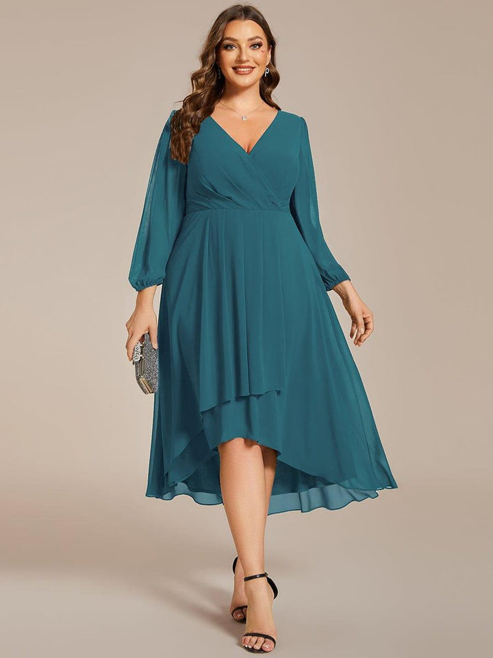 pretty BRIAR|Plus Size 3/4 Sleeve V-Neck Chiffon High Low Wedding Guest Dress