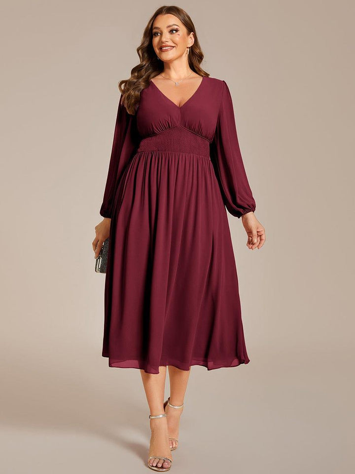 pretty AMARA|Plus Size Elegant V Neck Long Sleeves Midi Wedding Guest Dress(Final Sale)