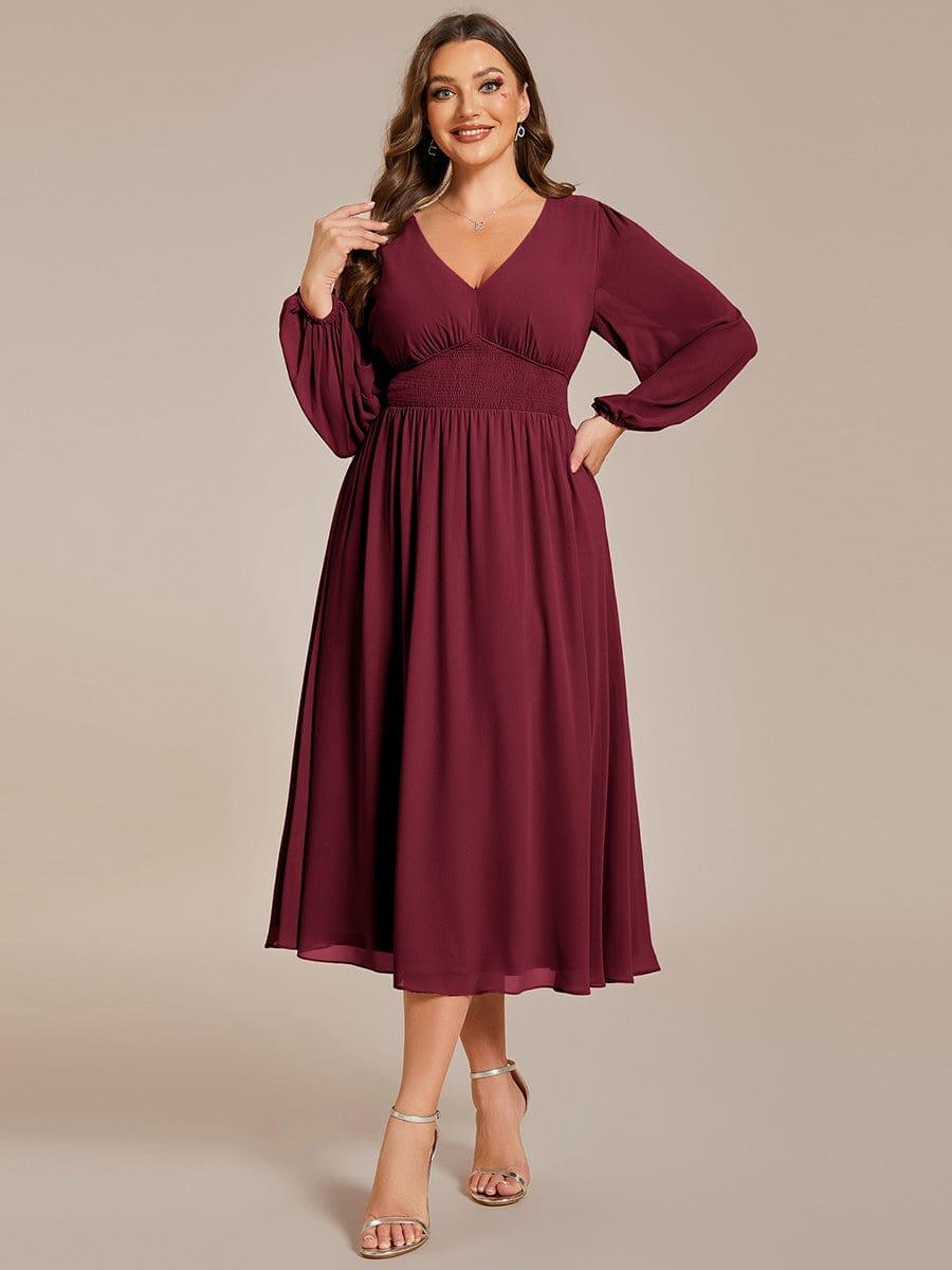 pretty AMARA|Plus Size Elegant V Neck Long Sleeves Midi Wedding Guest Dress(Final Sale)