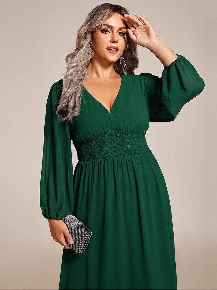 pretty AMARA|Plus Size Elegant V Neck Long Sleeves Midi Wedding Guest Dress(Final Sale)