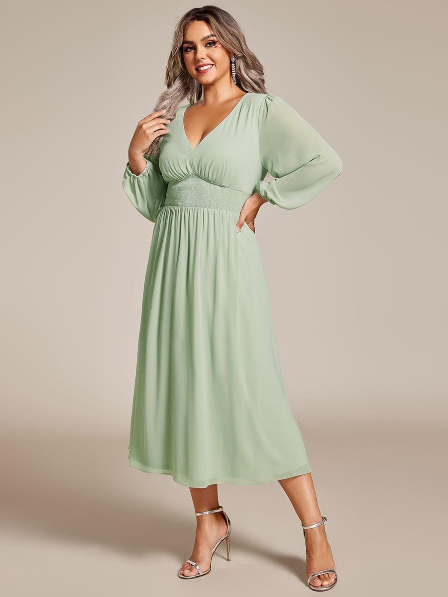 pretty AMARA|Plus Size Elegant V Neck Long Sleeves Midi Wedding Guest Dress(Final Sale)