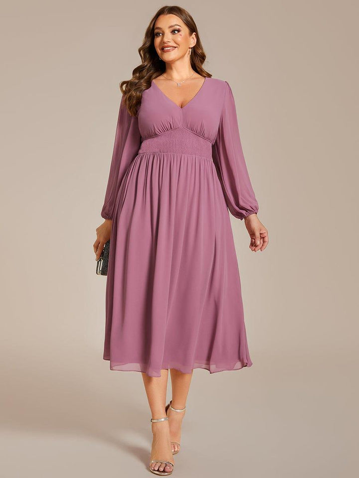 pretty AMARA|Plus Size Elegant V Neck Long Sleeves Midi Wedding Guest Dress(Final Sale)