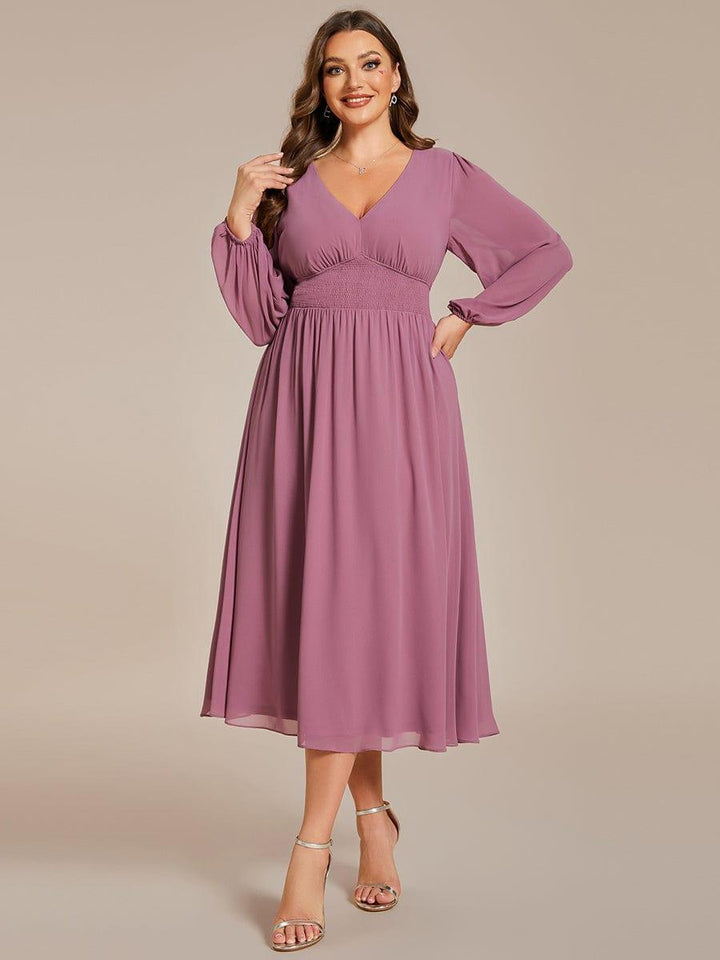 pretty AMARA|Plus Size Elegant V Neck Long Sleeves Midi Wedding Guest Dress(Final Sale)