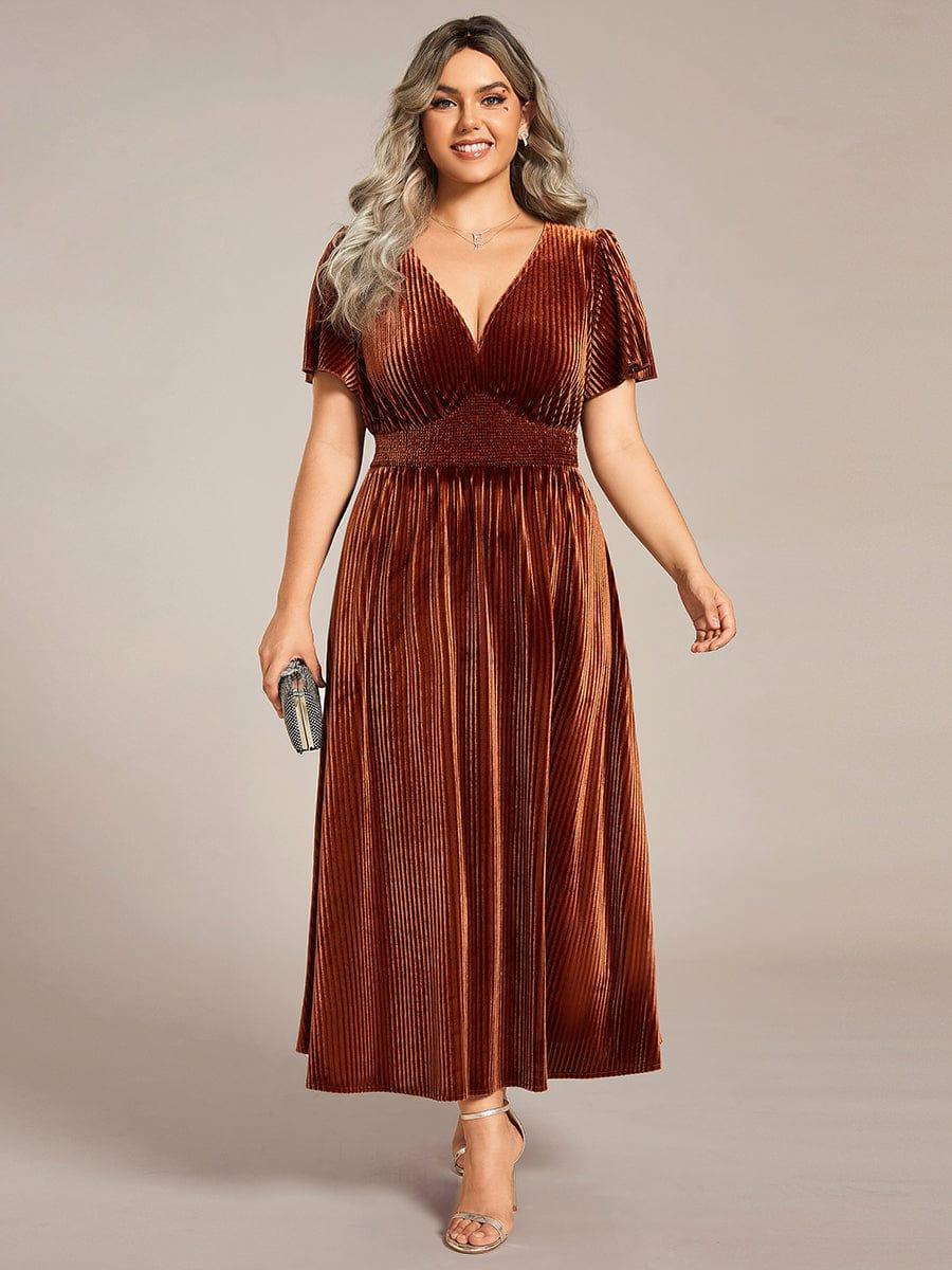 pretty AZALEA|Plus Size A-line V-Neck Short Sleeve Velvet Wedding Guest Dress