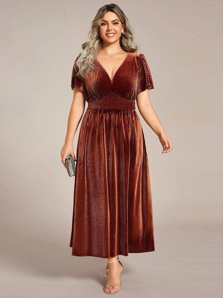pretty AZALEA|Plus Size A-line V-Neck Short Sleeve Velvet Wedding Guest Dress