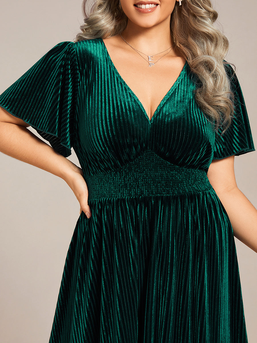 pretty AZALEA|Plus Size A-line V-Neck Short Sleeve Velvet Wedding Guest Dress