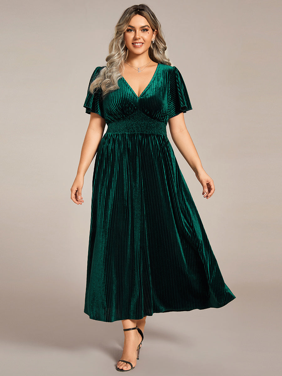 pretty AZALEA|Plus Size A-line V-Neck Short Sleeve Velvet Wedding Guest Dress