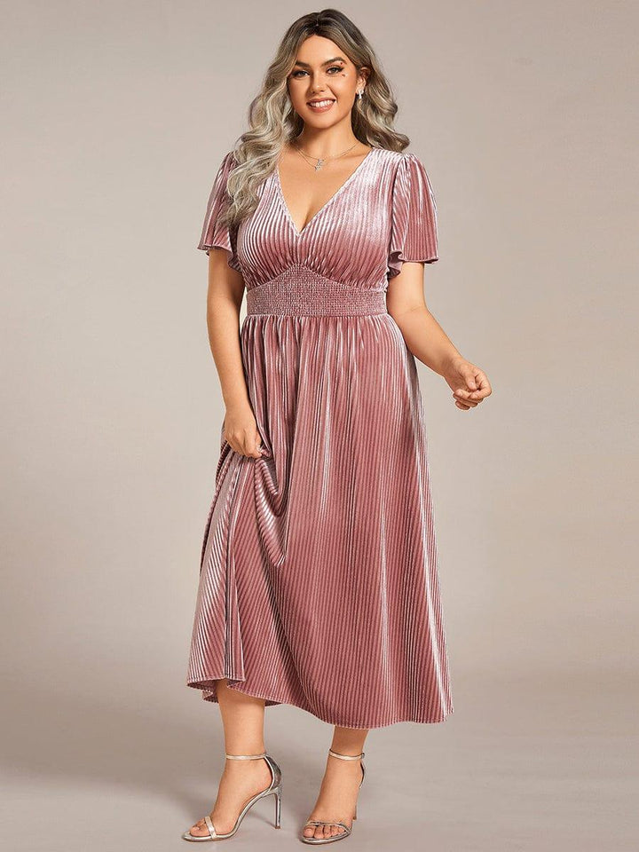 pretty AZALEA|Plus Size A-line V-Neck Short Sleeve Velvet Wedding Guest Dress