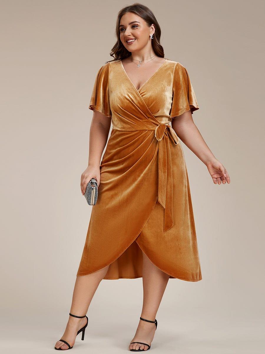 pretty LENNA|Plus Size Velvet Wedding Guest Dress with V-Neck and Flutter Sleeves