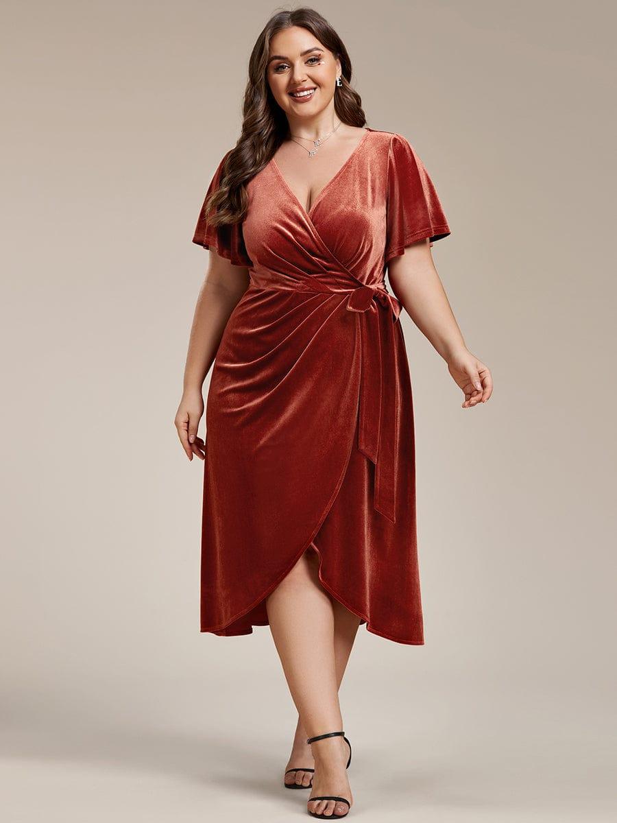 pretty LENNA|Plus Size Velvet Wedding Guest Dress with V-Neck and Flutter Sleeves