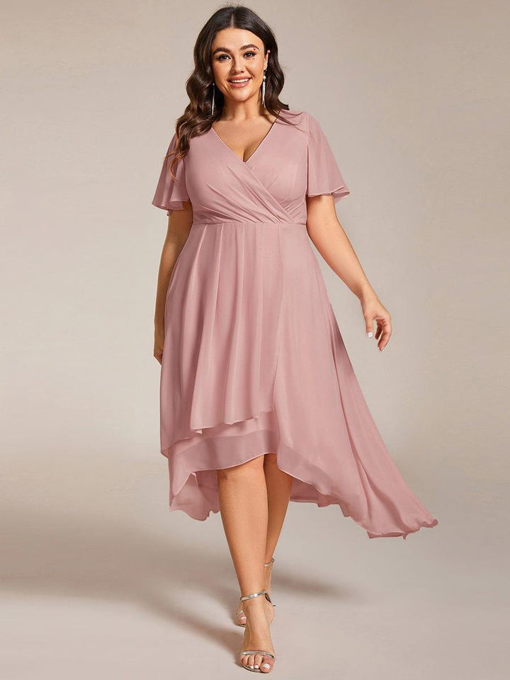 pretty LARK|Plus Size Chiffon Short Sleeve High-Low Wedding Guest Dress
