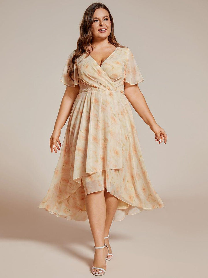 pretty LARK|Plus Size Chiffon Short Sleeve High-Low Wedding Guest Dress