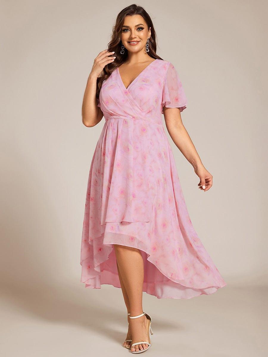 pretty LARK|Plus Size Chiffon Short Sleeve High-Low Wedding Guest Dress