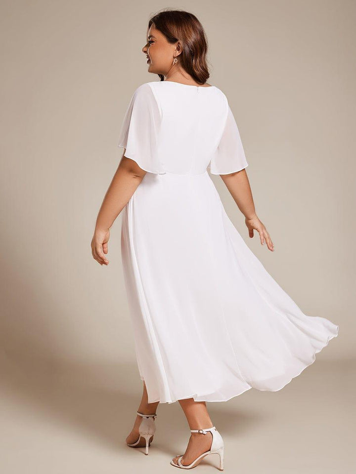 pretty DAHLIA|Plus Size V-Neck Chiffon Midi Wedding Guest Dress with Waist Applique(Final Sale)