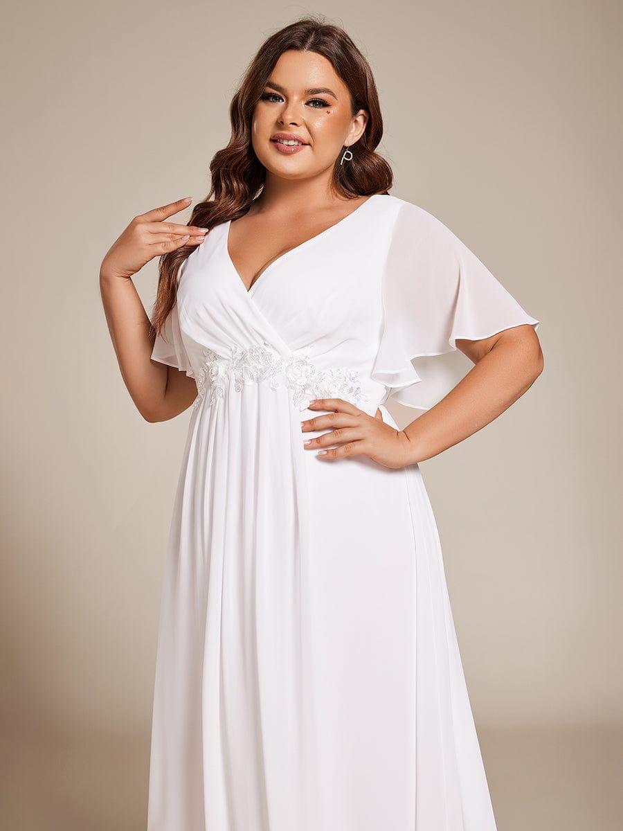 pretty DAHLIA|Plus Size V-Neck Chiffon Midi Wedding Guest Dress with Waist Applique(Final Sale)