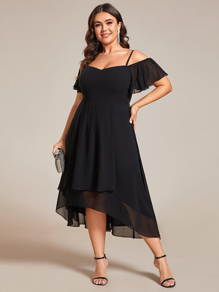 pretty JORDANE|Plus Size Off-Shoulder High-Low Chiffon Wedding Guest Dresses with Short Sleeves
