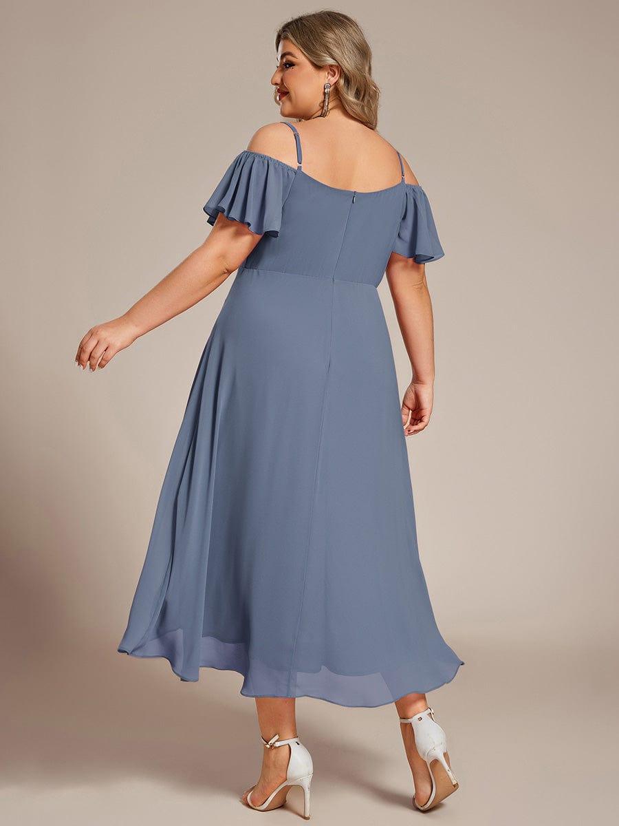 pretty JORDANE|Plus Size Off-Shoulder High-Low Chiffon Wedding Guest Dresses with Short Sleeves
