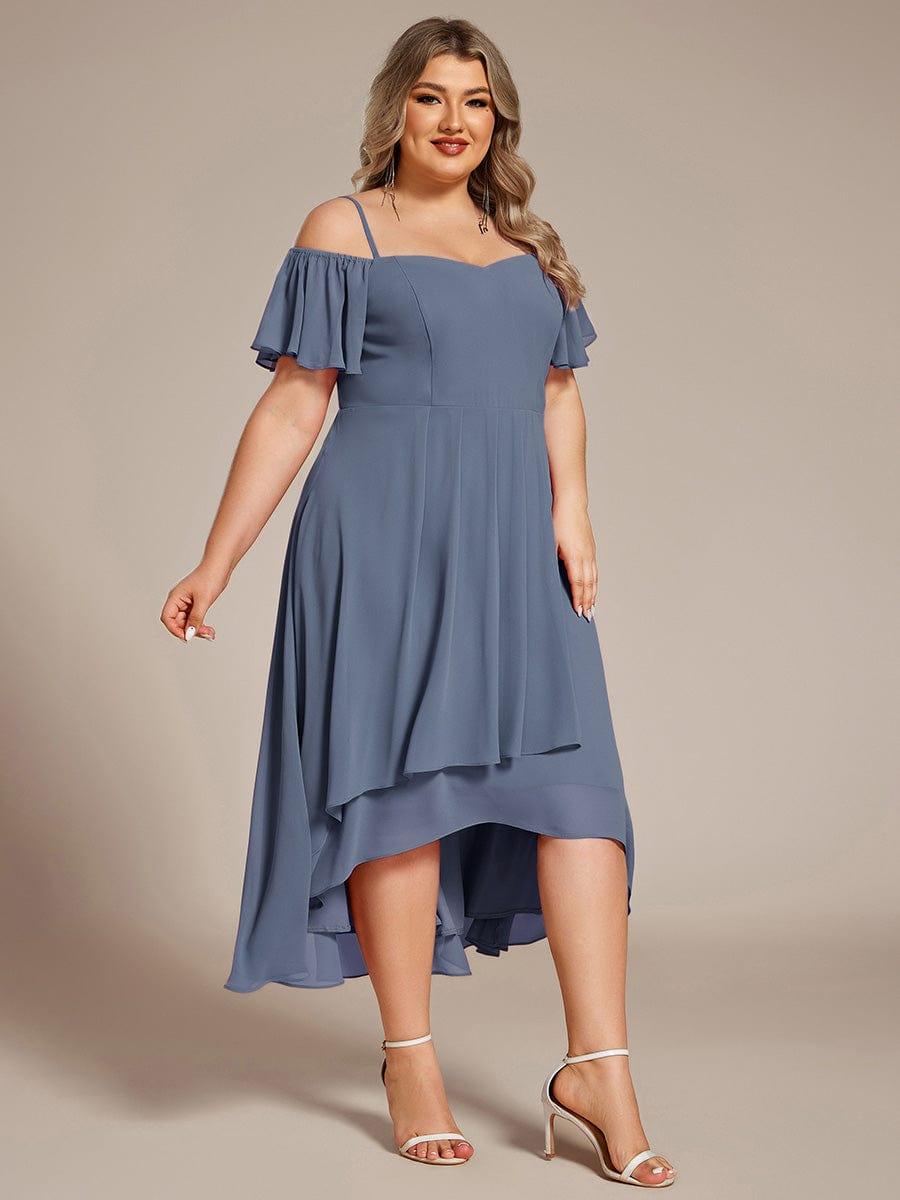 pretty JORDANE|Plus Size Off-Shoulder High-Low Chiffon Wedding Guest Dresses with Short Sleeves